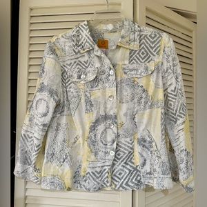 Ruby Road Yellow & Grey Top Size 14 with faux oyster shell buttons